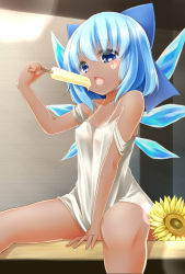 Rule 34 | 1girl, bare shoulders, barefoot, blue eyes, blue hair, blue ribbon, bow, child, cirno, covered erect nipples, dark-skinned female, dark skin, eating, flower, food, getsuyou yasumi, hair bow, heart, hidden star in four seasons, holding, holding food, ice, ice wings, looking at viewer, open mouth, popsicle, ribbon, shirt, short hair, solo, sunflower, tan, tanline, tanned cirno, touhou, white shirt, wings