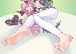 1girl absurdres arknights arknights:_endfield barefoot blue_eyes boots feet highres horns long_hair looking_at_viewer lying mew-plus on_side open_mouth pink_hair pointy_ears shoes single_shoe soles toes twintails unworn_boots unworn_shoes yvonne_(arknights)