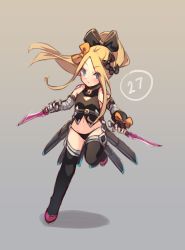 Rule 34 | 1girl, abigail williams (fate), bandaged arm, bandages, bare shoulders, black bow, black footwear, black gloves, black panties, black shirt, black thighhighs, blonde hair, blue eyes, blush, boots, bow, brown background, closed mouth, commentary, cosplay, dagger, dual wielding, english commentary, fate/apocrypha, fate/grand order, fate (series), fingerless gloves, full body, gloves, gradient background, grey background, hair between eyes, high ponytail, holding, holding dagger, holding knife, holding weapon, jack the ripper (fate/apocrypha), jack the ripper (fate/apocrypha) (cosplay), knife, long hair, looking at viewer, miya (miyaruta), navel, orange bow, panties, parted bangs, ponytail, shadow, sheath, shirt, shoulder tattoo, sidelocks, single glove, sleeveless, sleeveless shirt, solo, standing, standing on one leg, tattoo, thigh boots, thighhighs, underwear, unsheathed, v-shaped eyebrows, very long hair, weapon