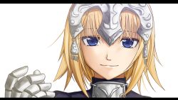 Rule 34 | 1girl, blonde hair, blue eyes, chien zero, fate/apocrypha, fate/zero, fate (series), gauntlets, headpiece, jeanne d&#039;arc (fate), jeanne d&#039;arc (ruler) (fate), letterboxed, purple eyes, short hair, simple background, solo, white background