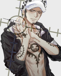 Rule 34 | 1boy, achyue, doctor, earrings, facial hair, goatee, hat, highres, jewelry, male focus, one piece, open clothes, open shirt, shirt, syringe, tattoo, trafalgar law, yellow eyes