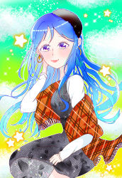 Rule 34 | 1girl, absurdres, alternate hairstyle, artist name, artist request, black headwear, blue hair, blush, breasts, crescent, crescent earrings, curly hair, dress shirt, earrings, female focus, floral print, flower print, hair between eyes, highres, jewelry, long hair, long sleeves, looking at viewer, love live!, love live! school idol festival, love live! school idol festival all stars, love live! sunshine!!, matsuura kanan, medium breasts, mocoa oekaki, mokoa (mocoa oekaki), necklace, orange scarf, parted lips, pendant, playing with own hair, ponytail, purple eyes, red scarf, scarf, shirt, smile, solo, white shirt