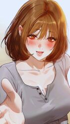 Rule 34 | 1girl, blush, brown eyes, brown hair, hand up, long hair, looking at viewer, my landlady noona, open mouth, seo hari, simple background, white background