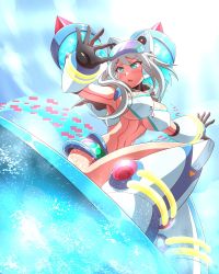 Rule 34 | 1girl, alternate costume, android, blush, breasts, highres, ico (megaman x dive), mega man (series), mega man x (series), mega man x dive, nobuyu (77yusei), robot, surfboard, swimsuit, tagme