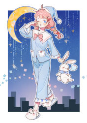 Rule 34 | 1girl, :o, absurdres, ahoge, animal slippers, arm at side, blue background, blue bow, blue eyes, blue pants, blue shirt, blue sky, blush, border, bow, bowtie, braid, chinese commentary, cityscape, commentary, crescent, full body, gradient sky, hair bow, hair ornament, hairclip, hand up, hidari (nanmu-left), highres, holding, holding stuffed toy, long hair, looking at viewer, low twin braids, multicolored sky, multiple hair bows, night, night sky, nose bubble, one eye closed, original, outline, outside border, pajamas, pants, pink bow, pink bowtie, pink hair, pink ribbon, pocket, purple sky, red bow, ribbon, sailor collar, shirt, sky, sleepy, sleeves past elbows, slippers, solo, star (sky), star (symbol), star hair ornament, starry sky, stuffed animal, stuffed rabbit, stuffed toy, tareme, tears, twin braids, walking, white border, white outline, white sailor collar, yawning, yellow bow