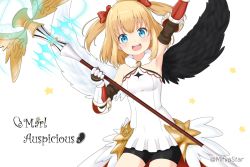 Rule 34 | 1girl, :d, arm up, asymmetrical wings, bike shorts, black shorts, black wings, blonde hair, blue eyes, blush, bow, breasts, brown gloves, commentary request, dress, elbow gloves, feathered wings, gloves, hair bow, holding, holding staff, looking at viewer, marl (shironeko project), mismatched wings, mitya, open mouth, red bow, round teeth, shironeko project, short shorts, shorts, small breasts, smile, solo, staff, star (symbol), teeth, two side up, upper teeth only, vambraces, white background, white dress, white wings, wings