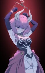 Rule 34 | 1girl, armpits, arms up, aura (sousou no frieren), bare shoulders, blue eyes, blush, braid, breasts, closed mouth, clothing cutout, commentary request, demon girl, demon horns, elbow gloves, female focus, gloves, gradient background, highres, horns, large breasts, medium hair, navel, navel cutout, purple gloves, purple hair, red background, restrained, revision, simple background, solo, sousou no frieren, standing, yd (orange maru)