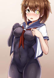 Rule 34 | 10s, 1girl, :o, beige background, between breasts, blush, breasts, brown hair, covered navel, cowboy shot, embarrassed, eyebrows, furutaka (kancolle), gloves, gradient background, hair between eyes, hair ornament, hairclip, heterochromia, highres, impossible clothes, kantai collection, looking away, looking to the side, neckerchief, no pants, okitsugu, open clothes, open mouth, open shirt, school uniform, serafuku, shirt, short hair, short sleeves, single glove, skin tight, sleeve cuffs, small breasts, solo, taut clothes, undressing, unitard, yellow eyes