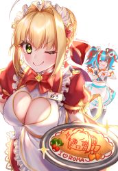 Rule 34 | 2girls, ahoge, apron, blonde hair, bow, breasts, cleavage, cleavage cutout, clothing cutout, dress, fate/extra, fate/grand order, fate (series), food, green eyes, hand on own hip, heart, heart cutout, heart hands, large breasts, maid, maid apron, maid headdress, multicolored hair, multiple girls, nero claudius (fate), nero claudius (fate) (all), nero claudius (fate/extra), omelet, omurice, sei shounagon (fate), smile, translated, tray, twitter username, yayoi maka