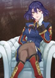Rule 34 | 1girl, absurdres, belt, blue hair, blue skirt, boots, breasts, brown eyes, chair, closed mouth, commission, crossed legs, dark blue hair, earrings, enil aidem, feet out of frame, gloves, highres, jewelry, knee boots, large breasts, lips, looking at viewer, necktie, pantyhose, short hair, sitting, skeb commission, skirt, smile, solo, uniform, vuipui, white gloves, wild arms, wild arms 4