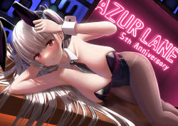 Rule 34 | 1girl, animal ears, anniversary, armpits, azur lane, bare shoulders, blush, bow, bowtie, breasts, cleavage, detached collar, fake animal ears, formidable (azur lane), grey hair, hair ribbon, large breasts, leotard, long hair, looking at viewer, lying, on side, pantyhose, playboy bunny, rabbit ears, red eyes, ribbon, silver bullet (ecc12 8), solo, strapless, strapless leotard, twintails, very long hair, wrist cuffs