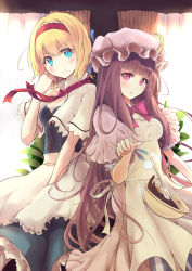 Rule 34 | 2girls, alice margatroid, apron, baking, blonde hair, blush, bow, breasts, capelet, chocolate, cleavage, corset, crescent, crescent hair ornament, culter, curtains, eyelashes, hair ornament, hairband, hat, highres, indoors, long hair, looking at viewer, mixing bowl, mob cap, multiple girls, neck ribbon, parted lips, patchouli knowledge, purple eyes, purple hair, ribbon, short hair, short sleeves, small breasts, smile, spatula, touhou, very long hair, waist apron, window