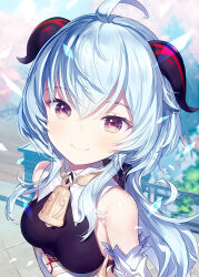 Rule 34 | 1girl, ahoge, bare shoulders, bell, black bodysuit, blue hair, blurry, blurry background, bodysuit, breasts, bridge, brown eyes, capriccio, closed mouth, commentary request, day, depth of field, detached sleeves, ganyu (genshin impact), genshin impact, hair between eyes, horns, long hair, medium breasts, neck bell, outdoors, railing, smile, solo, very long hair, white sleeves