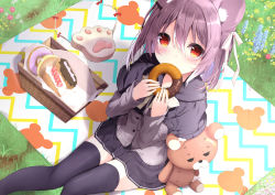 Rule 34 | 1girl, animal ear fluff, animal ears, black capelet, black skirt, black thighhighs, blanket, blue flower, blush, bow, brown hair, capelet, commentary request, copyright request, covered mouth, day, doughnut, flower, food, from above, grass, grey shirt, hair between eyes, hands up, highres, holding, holding food, kouda suzu, long sleeves, looking at viewer, looking up, multicolored hair, outdoors, pleated skirt, red eyes, red flower, shirt, sitting, skirt, sleeves past wrists, solo, streaked hair, stuffed animal, stuffed toy, teddy bear, thighhighs, white bow, white flower, white hair