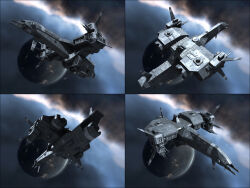 Rule 34 | 3d, battleship (eve online), caldari state (eve online), character sheet, commentary, concept art, emblem, eve online, from above, from behind, from below, from side, glowing, grey theme, highres, military vehicle, missile pod, multiple views, nebula, no humans, original, outdoors, planet, radio antenna, realistic, science fiction, space, spacecraft, spinner-vision, thrusters, turret, vehicle focus