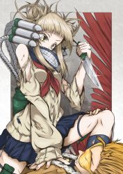 Rule 34 | 1boy, 1girl, absurdres, backpack, bag, black shirt, blonde hair, blood, blunt bangs, boku no hero academia, cardigan, clenched teeth, crying, crying with eyes open, double bun, el genso, feathered wings, fighting, fur-trimmed jacket, fur trim, girl on top, goggles, gradient background, grey background, hair bun, hawks (boku no hero academia), highres, holding, holding knife, holding weapon, huge filesize, injury, jacket, knife, messy hair, nail polish, neckwear request, outside border, pleated skirt, red neckwear, red wings, school uniform, scratches, serafuku, shine, shirt, short hair, skirt, tears, teeth, thigh strap, tinted eyewear, toga himiko, torn clothes, weapon, wings, yellow-tinted eyewear, yellow eyes