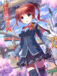 Rule 34 | 1girl, :d, absurdres, black thighhighs, blazer, blue eyes, blue sky, bow, bowtie, brown hair, capelet, castle, cherry blossoms, cloud, cloudy sky, commentary request, day, hair ribbon, highres, holding, jacket, kankurou, long hair, looking at viewer, monorail, open mouth, original, petals, pleated skirt, ribbon, school uniform, skirt, sky, smile, solo focus, statue, thighhighs, twintails, wand, zettai ryouiki