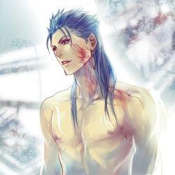 Rule 34 | 1boy, blue hair, cu chulainn (fate), dark persona, earrings, facial mark, fate/stay night, fate (series), jewelry, cu chulainn (fate/stay night), long hair, lowres, male focus, ponytail, red eyes, topless male, solo, yuri (k a other)