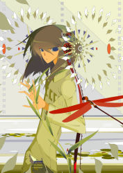 Rule 34 | 1boy, blue eyes, brown hair, bug, dragonfly, expressionless, hair between eyes, hand up, bug, leaf, long hair, long sleeves, looking at viewer, miki 0, original, plant, shirt, solo, upper body, white shirt