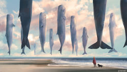 Rule 34 | 1other, animal, cloud, cloudy sky, day, dog, facing away, floating, from behind, horizon, light rays, monokubo, ocean, original, outdoors, pixiv id, scenery, short hair, sky, standing, whale, wide shot