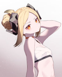 Rule 34 | 1girl, absurdres, arknights, arm up, bandages, bandeau, bare arms, bare shoulders, beudelb, blonde hair, chest sarashi, choker, commentary, gradient background, grey background, hair bun, highres, horns, ifrit (arknights), ifrit (sunburn) (arknights), looking at viewer, official alternate costume, orange choker, orange eyes, sarashi, short hair, solo, stomach, upper body, white background