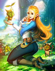 Rule 34 | 1girl, blonde hair, day, elf, forest, green eyes, grin, hair ornament, hairclip, highres, long hair, nature, nintendo, pointy ears, princess zelda, smile, tagme, the legend of zelda, the legend of zelda: breath of the wild