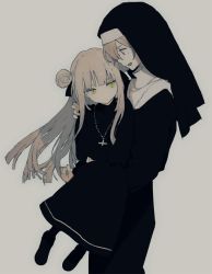 Rule 34 | 2girls, :d, bad id, bad tumblr id, black dress, black footwear, blonde hair, blunt bangs, carrying, closed mouth, cross, cross necklace, double bun, dress, grey background, hair bun, hirota tsuu, jewelry, jitome, long dress, long hair, multiple girls, necklace, nun, open mouth, original, princess carry, shoes, sideways mouth, simple background, smile, traditional nun, veil, yellow eyes