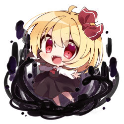 Rule 34 | 1girl, absurdres, ascot, black skirt, black vest, blonde hair, blush, chibi, collared shirt, darkness, full body, hair ribbon, highres, long sleeves, looking at viewer, misosiru 0224, open mouth, outstretched arms, red ascot, red eyes, red footwear, red ribbon, ribbon, rumia, sharp teeth, shirt, shoes, short hair, simple background, skirt, smile, socks, solo, spread arms, teeth, touhou, vest, white background, white shirt, white socks
