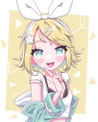 Rule 34 | 1girl, aegissanp, alternate costume, aqua eyes, blonde hair, blush, bow, bra, breasts, collarbone, crop top, flower, hair bow, hair flower, hair ornament, hairclip, highres, hood, hoodie, index finger raised, kagamine rin, looking at viewer, medium hair, open mouth, scoop neck, shirt, short sleeves, shrugging, simple background, small breasts, smile, solo, swept bangs, underwear, upper body, vocaloid, white shirt, yellow background
