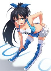 Rule 34 | 1girl, :d, aya shachou, bent over, black hair, blue eyes, boots, breasts, butt crack, cleavage, collarbone, fang, frills, ganaha hibiki, hand on own hip, high heel boots, high heels, highres, idolmaster, idolmaster (classic), long hair, midriff, open mouth, ponytail, race queen, skirt, smile, solo, thigh boots, thighhighs, zettai ryouiki