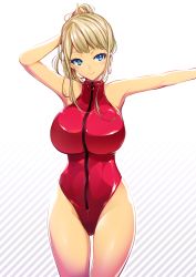 Rule 34 | 1girl, adjusting hair, arm up, bad id, bad twitter id, blonde hair, blue eyes, blush, breasts, gradient background, heattech leotard, ichimatsu (anaumemondai), large breasts, leotard, original, outstretched arm, ponytail, short hair with long locks, simple background, sleeveless, smile, solo, striped, striped background, turtleneck, white background, zipper