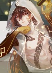 Rule 34 | 1boy, abs, arm tattoo, arm up, black hair, brown hair, cloak, dark kun, full-body tattoo, genshin impact, hair between eyes, hand on own chin, highres, hood, hood up, hooded cloak, jewelry, long hair, male focus, multicolored hair, nipples, open cloak, open clothes, open mouth, pectorals, ponytail, sleeveless, solo, tattoo, toned, toned male, yellow eyes, zhongli (archon) (genshin impact), zhongli (genshin impact)