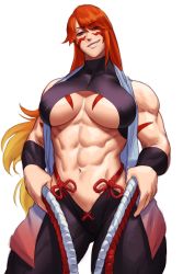 Rule 34 | 1girl, abs, absurdres, arm tattoo, bare arms, bare shoulders, body markings, breast tattoo, breasts, commission, facepaint, facial tattoo, fuuma kotarou (tenkaichi), halterneck, highres, japanese clothes, large breasts, long hair, looking at viewer, muscular, muscular female, pants, red eyes, red hair, rope belt, simple background, smile, solo, sotcho, standing, tattoo, tenkaichi nihon saikyou bugeisha ketteisen, underboob, white background