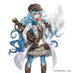 Rule 34 | 1girl, black gloves, blue hair, blue pantyhose, boots, candy, coat, company name, corset, cross, dress, earrings, eyebrows, flower, food, frilled dress, frills, gloves, goggles, goggles on headwear, hair between eyes, hat, holding, jewelry, lollipop, long hair, madogawa, official art, open mouth, pantyhose, ribbon, sengoku gensoukyoku, simple background, skirt, smoke, solo, steampunk, tongue, tongue out, very long hair, white background, white skirt, yellow eyes