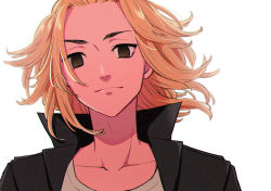 Rule 34 | 1boy, black eyes, black jacket, blonde hair, closed mouth, collarbone, empty eyes, highres, jacket, looking at viewer, male focus, medium hair, meimei (cb mei), sano manjirou, shirt, simple background, smile, solo, tokyo revengers, upper body, white background, white shirt