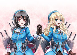 Rule 34 | 10s, 2girls, atago (kancolle), black gloves, black hair, blonde hair, breasts, gloves, green eyes, hat, highres, holding hands, kantai collection, large breasts, long hair, military, military uniform, multiple girls, open mouth, personification, red eyes, short hair, smile, takao (kancolle), tk8d32, uniform