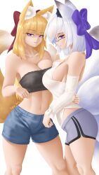 Rule 34 | 2girls, absurdres, animal ear fluff, animal ears, bare shoulders, breasts, breasts squeezed together, cleavage, crop top, detached sleeves, fluffy, fox ears, fox girl, fox tail, glasses, hair ribbon, hand on another&#039;s back, highres, large breasts, long hair, looking at viewer, multicolored tail, multiple girls, multiple tails, orange hair, original, purple eyes, ribbon, short hair, shorts, sideboob, smile, spread legs, tail, takie arts, white hair