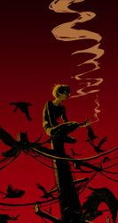 Rule 34 | 1boy, aged up, bird, cigarette, commentary request, crow, edamame ksr, gegege no kitarou, highres, holding, holding cigarette, indian style, kitarou, male focus, outdoors, red background, shirt, short hair, sitting, smoke, smoking, solo, striped clothes, striped shirt, utility pole