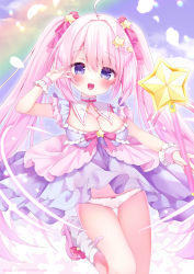 Rule 34 | 1girl, ahoge, animal ear fluff, bare shoulders, blue eyes, blush, bow, bowtie, breasts, center frills, cherry blossoms, cleavage, collar, collarbone, commentary, cuffs, detached collar, dress, embarrassed, feet out of frame, frilled dress, frilled skirt, frilled sleeves, frills, full body, hair bow, hair ornament, hairclip, high heels, highres, holding, holding wand, long hair, looking at viewer, magical girl, medium breasts, miniskirt, momochi chia, nose blush, open mouth, original, panties, patch, pink bow, pink footwear, pink hair, pink ribbon, puffy sleeves, purple dress, rainbow, ribbon, shoes, skirt, sleeve cuffs, smile, socks, solo, standing, star (symbol), star color pendant, star hair ornament, star power stick, strapless, swept bangs, thighs, twintails, underwear, very long hair, wand, white panties, white socks, wrist cuffs, wristband