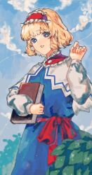Rule 34 | 1girl, alice margatroid, blonde hair, blue dress, blue eyes, blurry, book, bright pupils, cloud, day, depth of field, dress, frilled hairband, frills, grimoire, hairband, hand up, hexagram, highres, holding, holding book, jewelry, leaf, looking at viewer, oftooon, outdoors, parted lips, puppet rings, ring, short hair, sky, solo, standing, touhou, white pupils
