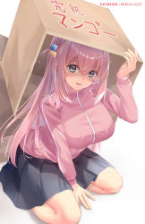 Rule 34 | 1girl, blue eyes, blush, bocchi the rock!, box, breasts, cardboard box, commentary request, cube hair ornament, flying sweatdrops, gotoh hitori, grey skirt, hair between eyes, hair ornament, highres, holding, holding box, jacket, kneeling, large breasts, long hair, long sleeves, looking at viewer, pink hair, pink jacket, pleated skirt, sebu illust, signature, simple background, skirt, solo, sweatdrop, track jacket, white background