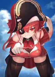 Rule 34 | 1girl, absurdres, arrow through heart, ascot, bad id, bad pixiv id, bare shoulders, bent over, black thighhighs, bodystocking, breasts, cleavage, coat, cowboy shot, eyepatch, gloves, grin, hair between eyes, hair ribbon, hand on own hip, highres, hololive, houshou marine, huge filesize, large breasts, leotard, leotard under clothes, long hair, looking at viewer, miniskirt, moco (moco 28), off shoulder, open clothes, open coat, pirate costume, pleated skirt, pointing, pointing at viewer, red ascot, red eyes, red hair, red ribbon, red shirt, red skirt, ribbon, see-through, see-through cleavage, see-through leotard, shirt, skirt, smile, solo, thighhighs, twintails, virtual youtuber, white gloves, zettai ryouiki