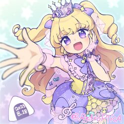 Rule 34 | 1girl, :d, arm up, blonde hair, blush, bow, collared dress, commentary request, crown, dated, dress, food, frilled dress, frills, from above, hair bow, hair ornament, hand on own cheek, hand on own face, hand up, highres, idol clothes, idol time pripara, long hair, looking at viewer, musical note, nana (retroplica), onigiri, open mouth, outstretched arm, pretty series, pripara, purple dress, purple eyes, ringlets, smile, solo, star (symbol), star hair ornament, treble clef, two side up, yumekawa yui