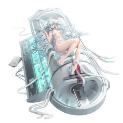 Rule 34 | 1girl, absurdres, arm up, bare arms, bare legs, bare shoulders, barefoot, blue eyes, breasts, dress, feet, girls&#039; frontline, girls&#039; frontline neural cloud, grey hair, hair between eyes, high heels, highres, large breasts, long hair, looking at viewer, machinery, messy hair, official art, pa-15 (girls&#039; frontline), parted lips, shanyao jiang tororo, slingshot swimsuit, solo, swimsuit, swimsuit under clothes, thighs, very long hair, white background, white dress, white footwear