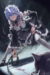 Rule 34 | 10s, 1girl, angry, ball and chain (weapon), blood, blue eyes, blue hair, breasts, cleavage, clenched teeth, detached sleeves, hair ornament, highres, horns, long sleeves, looking at viewer, maid headdress, medium breasts, mool yueguang, re:zero kara hajimeru isekai seikatsu, rem (re:zero), short hair, single horn, solo, standing, teeth, thighhighs, white thighhighs, x hair ornament
