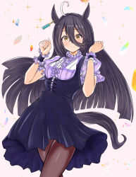 Rule 34 | 1girl, ahoge, alternate costume, animal ears, black dress, black hair, black pantyhose, blush, breasts, center frills, closed mouth, commentary request, confetti, cowboy shot, dress, earrings, frilled dress, frills, hair between eyes, highres, horse ears, horse girl, horse tail, jewelry, long hair, looking at viewer, manhattan cafe (umamusume), pantyhose, puffy short sleeves, puffy sleeves, short sleeves, simple background, single earring, small breasts, smile, solo, steam, tail, umamusume, vandy76, very long hair, white background, wrist cuffs, yellow eyes