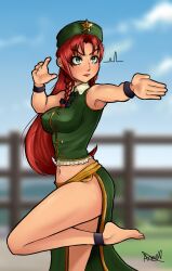 Rule 34 | 1girl, barefoot, blue eyes, bow, braid, fighting stance, full body, green skirt, hong meiling, long hair, muscular, muscular female, nail polish, no shoes, non-web source, red hair, skirt, staring, thick thighs, thighs, touhou, twin braids