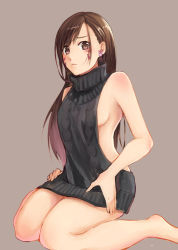 Rule 34 | 1girl, backless dress, backless outfit, bare shoulders, black dress, black sweater, breasts, brown background, brown eyes, brown hair, closed mouth, d.va (overwatch), dress, earrings, facepaint, facial mark, halterneck, hand on leg, jewelry, long hair, looking at viewer, medium breasts, meme attire, naked sweater, no bra, overwatch, overwatch 1, rabbit earrings, ribbed sweater, rinkuruto, sideboob, simple background, sitting, solo, stud earrings, sweater, sweater dress, turtleneck, turtleneck sweater, virgin killer sweater, wariza, whisker markings
