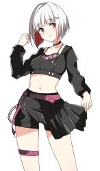 Rule 34 | 1girl, belt, black choker, black shirt, black shorts, blush, choker, collarbone, colored inner hair, commentary request, cropped shirt, djpwjd1, hair ornament, hairclip, half-skirt, highres, link! like! love live!, long sleeves, looking at viewer, love live!, midriff, multicolored hair, navel, parted lips, pink belt, pink eyes, red hair, shirt, short hair, shorts, solo, standing, streaked hair, thigh strap, upper body, white background, white hair, yugiri tsuzuri