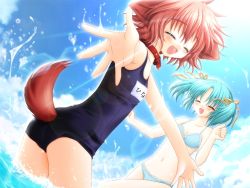 Rule 34 | 2girls, :d, ^ ^, animal ears, aqua hair, ass, bikini, black one-piece swimsuit, blush, breasts, cleavage, closed eyes, cloud, collar, day, dog ears, dog tail, dutch angle, flat chest, from behind, game cg, hair ribbon, hinata (pure pure), lens flare, looking back, miwa yuuki, multiple girls, name tag, navel, one-piece swimsuit, open mouth, outdoors, outstretched arms, petite, pink hair, plaid, plaid bikini, pure pure, ribbon, sakurazawa izumi, school swimsuit, short hair, sky, small breasts, smile, splashing, spread arms, standing, sun, swimsuit, tail, twintails, wading, water, yuuki miwa